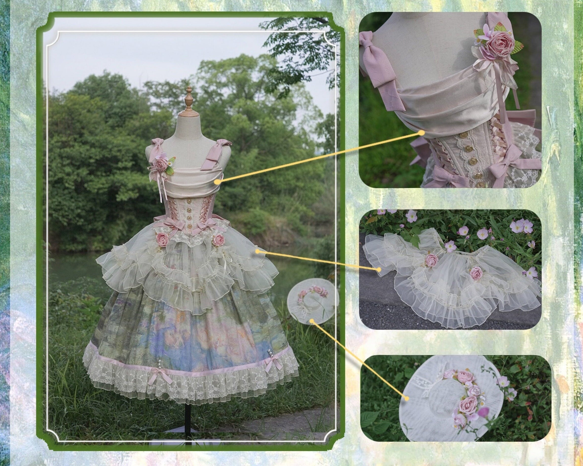 Ensemble Robe et Corset Lolita Classique "Le Jardin de Monet" (Peinture à l'Huile)
