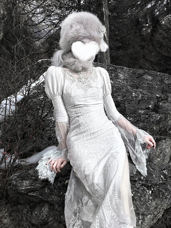 Lolita Gothic Silver Printed Goddess Fishtail Dress LG1011