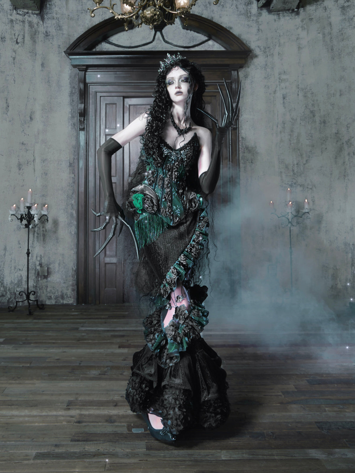 Sale at 20:00, Oct 20th. Emerald Night Gothic Halloween Imperial Green Boned Corset & Mermaid Skirt Set