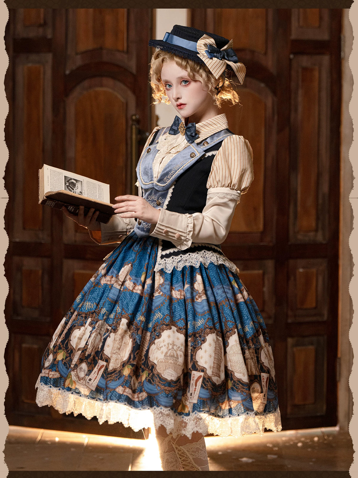 Italian Travelogue Navy British Style Lolita OP Dress and Coat