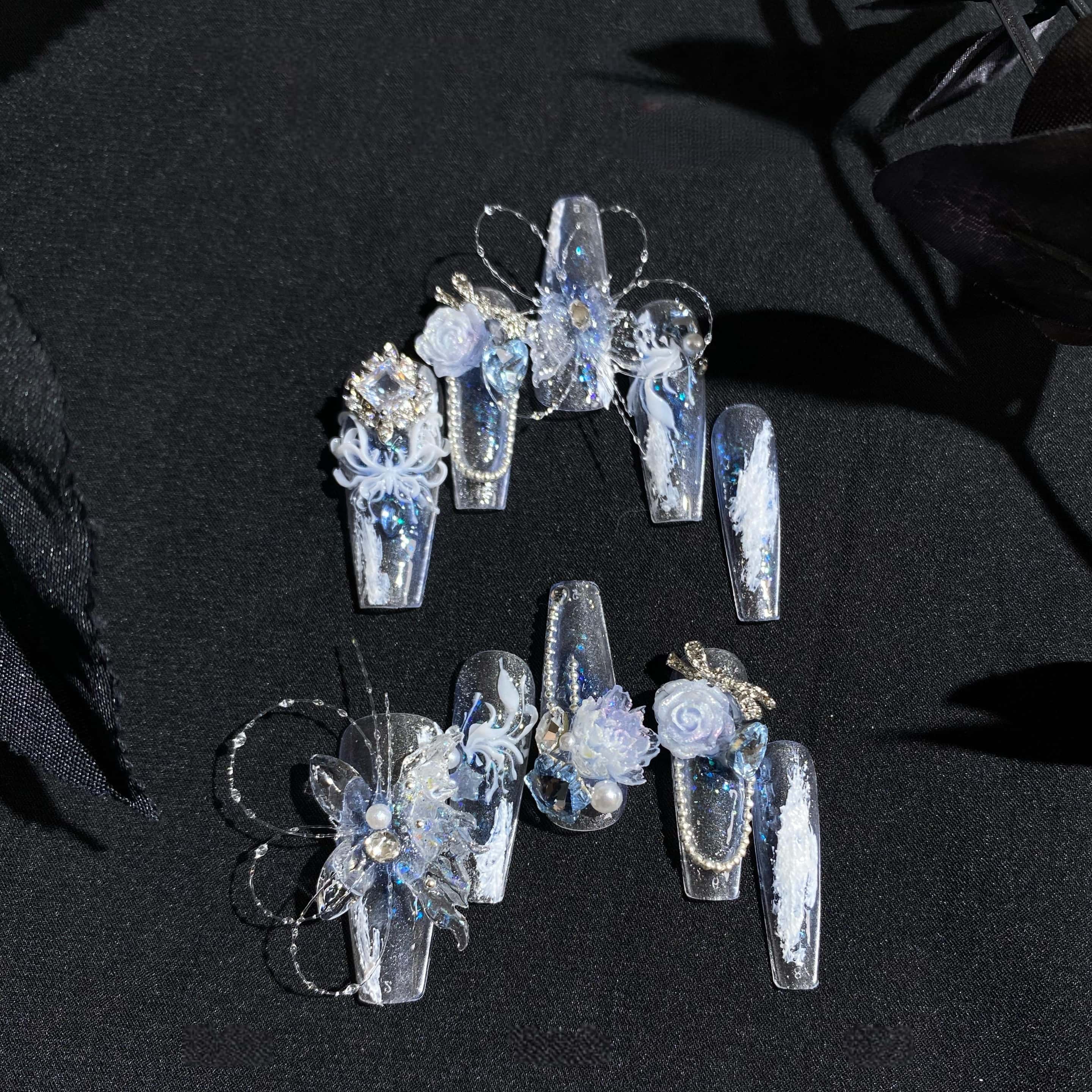 Mirror Reverie Blue Butterfly Stiletto Long Lolita Nail Art