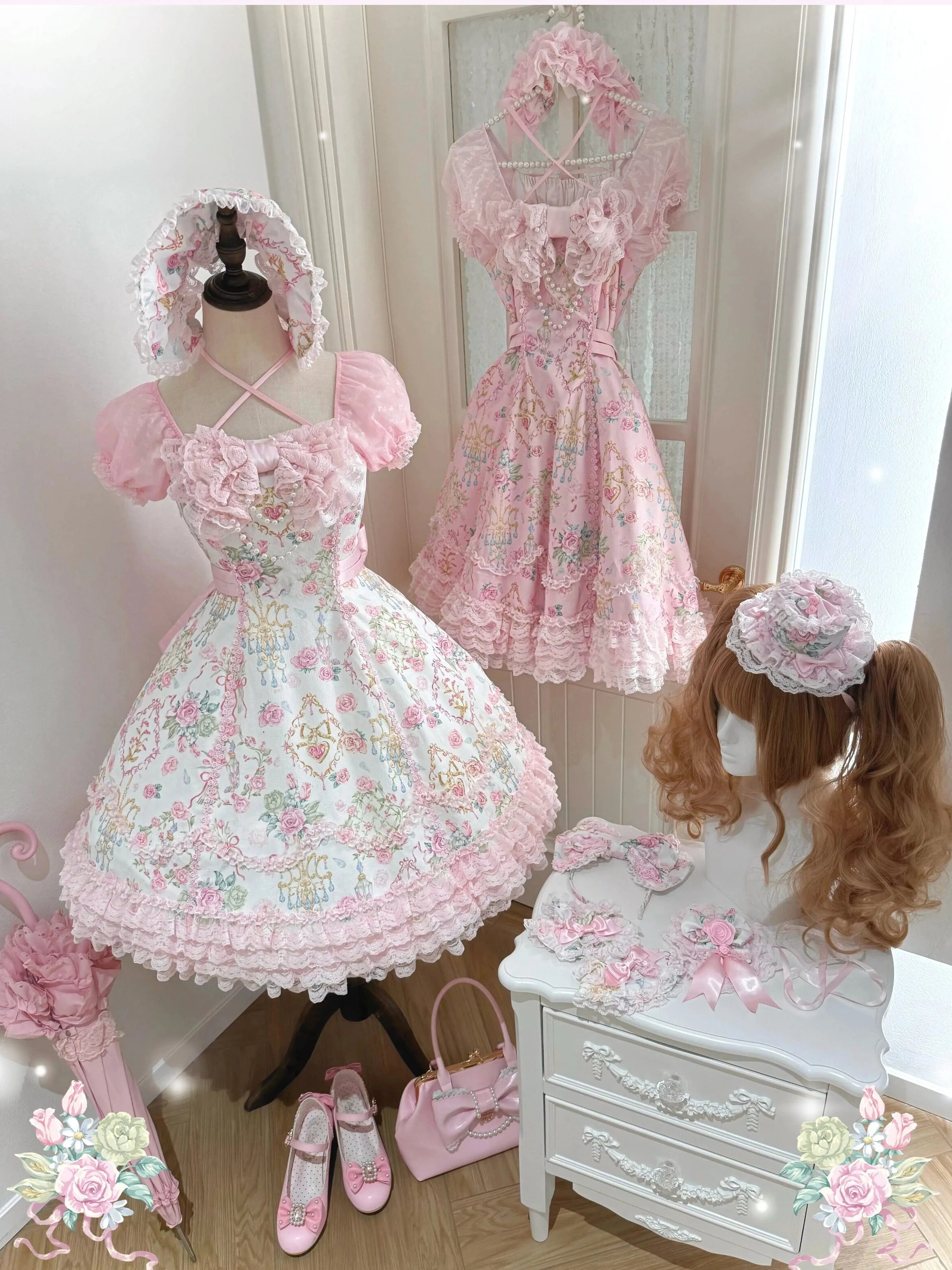 Spring 2025 Vintage Flower Wall Chandelier Rose Print Sweet Lolita JSK Dress