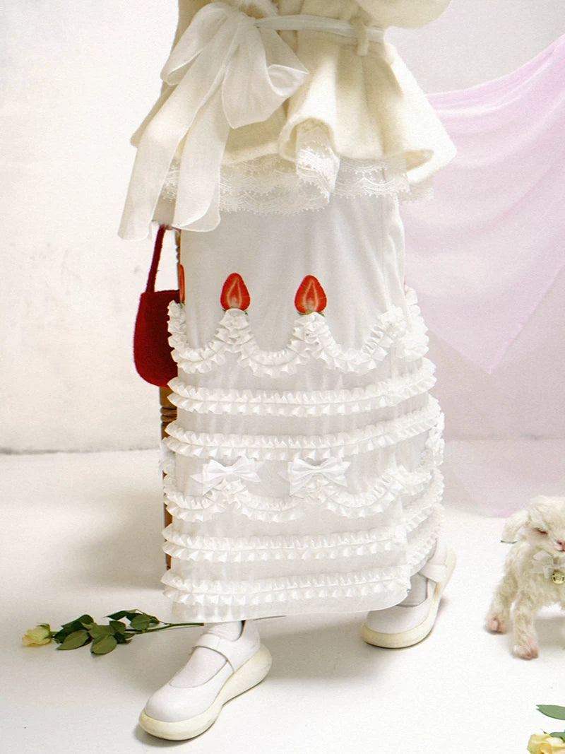 Happy Birthday Cream Strawberry Cake Printed Long Skirt