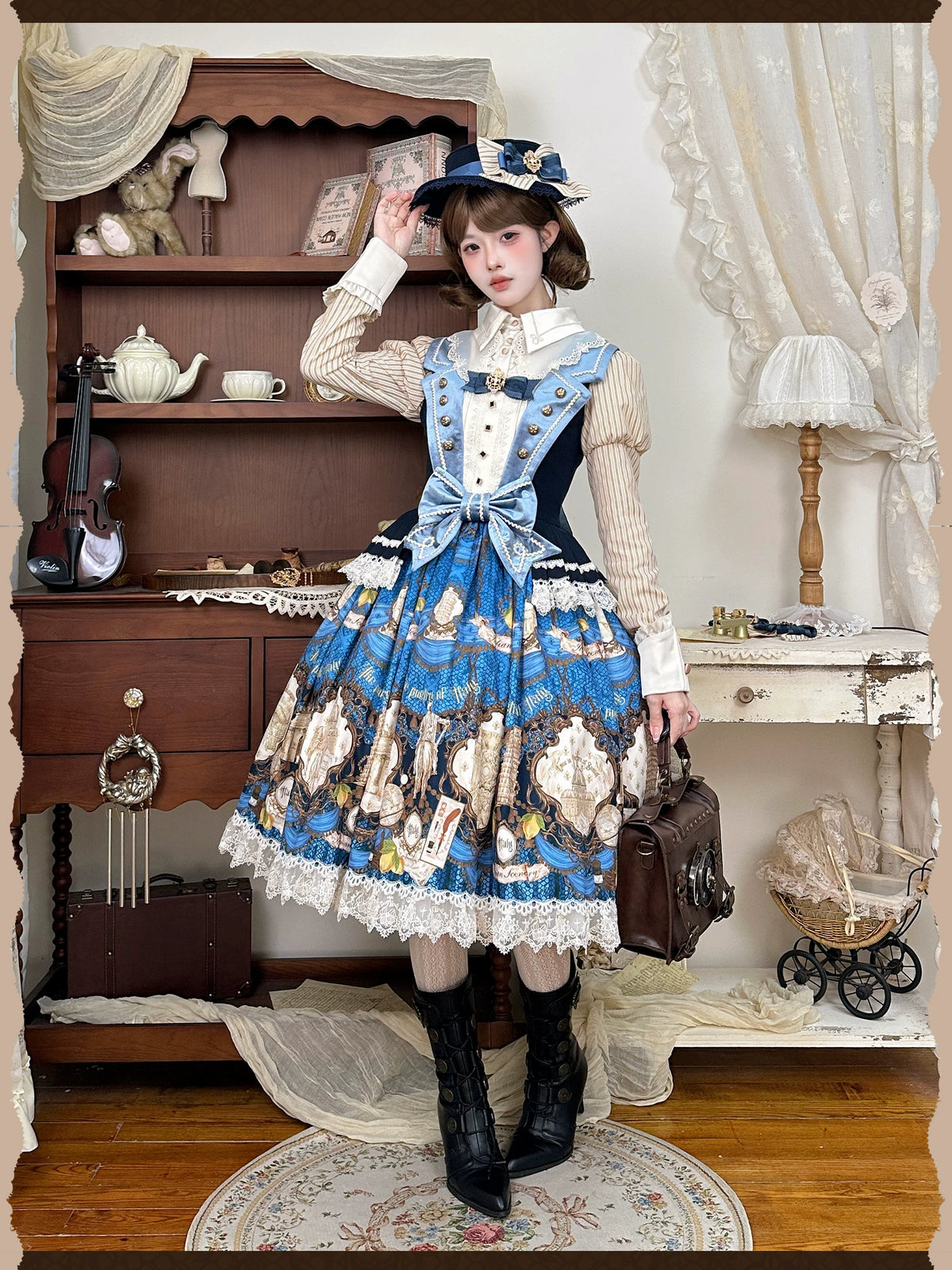 Italian Travelogue Navy British Style Lolita JSK Dress and Blouse