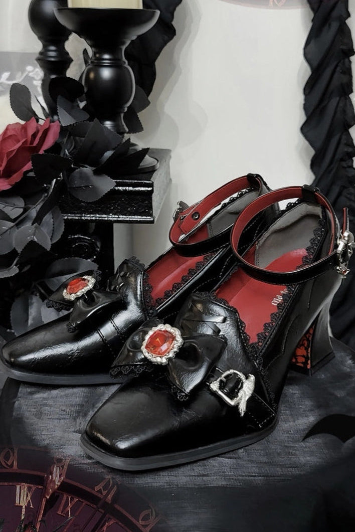 Night Banquet Black Square Toe Gothic Lolita Shoes with Ruby Bow