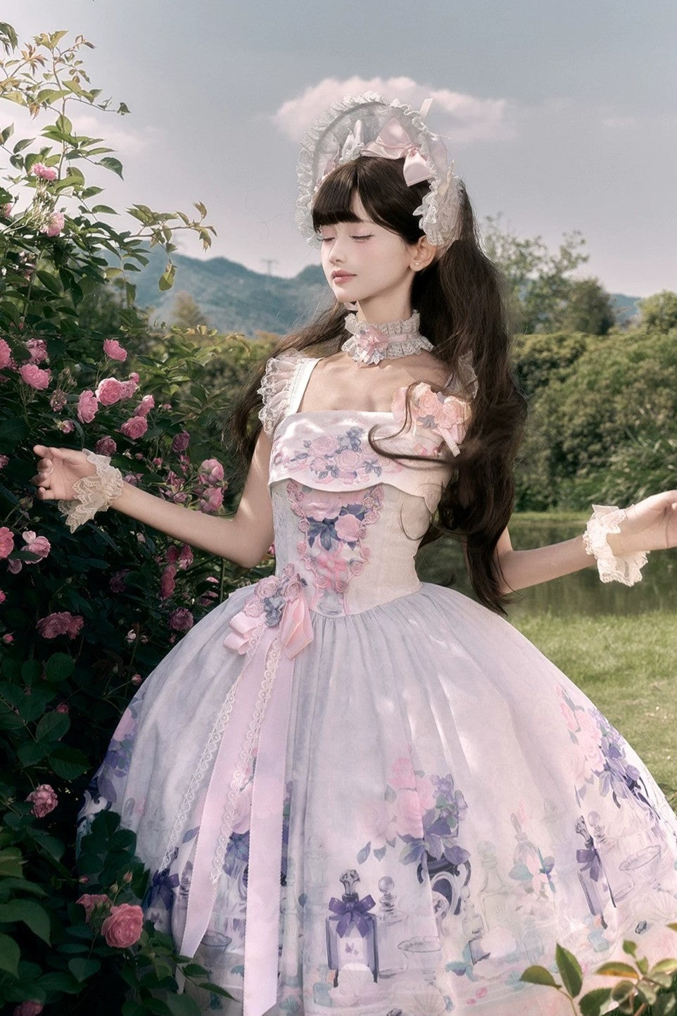 Morning Dew Rose Blue Green Hanfu Lolita JSK Dress Set