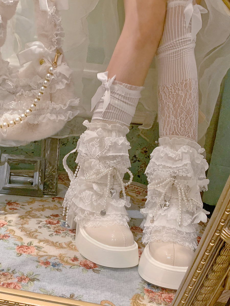 Lolita Pearl Lace Patent Leather White Ankle Boots LE5005