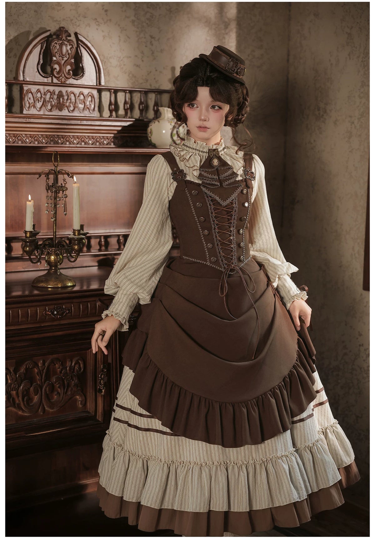 At Sunset Lolita Ruffled Corset & Drape Panel OP Dress Set