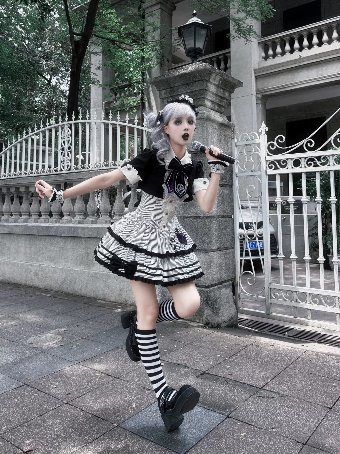 Black & White Crown Lolita Idol Academy Fake Two-Piece OP Dress