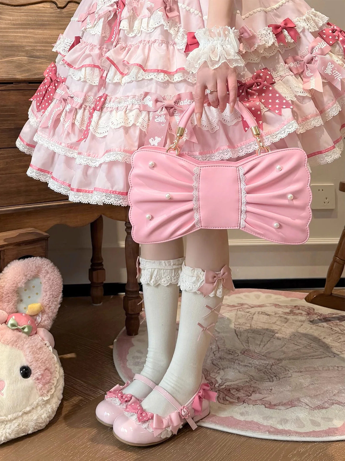 Pearl Bow Lace Trim Lolita Handbag