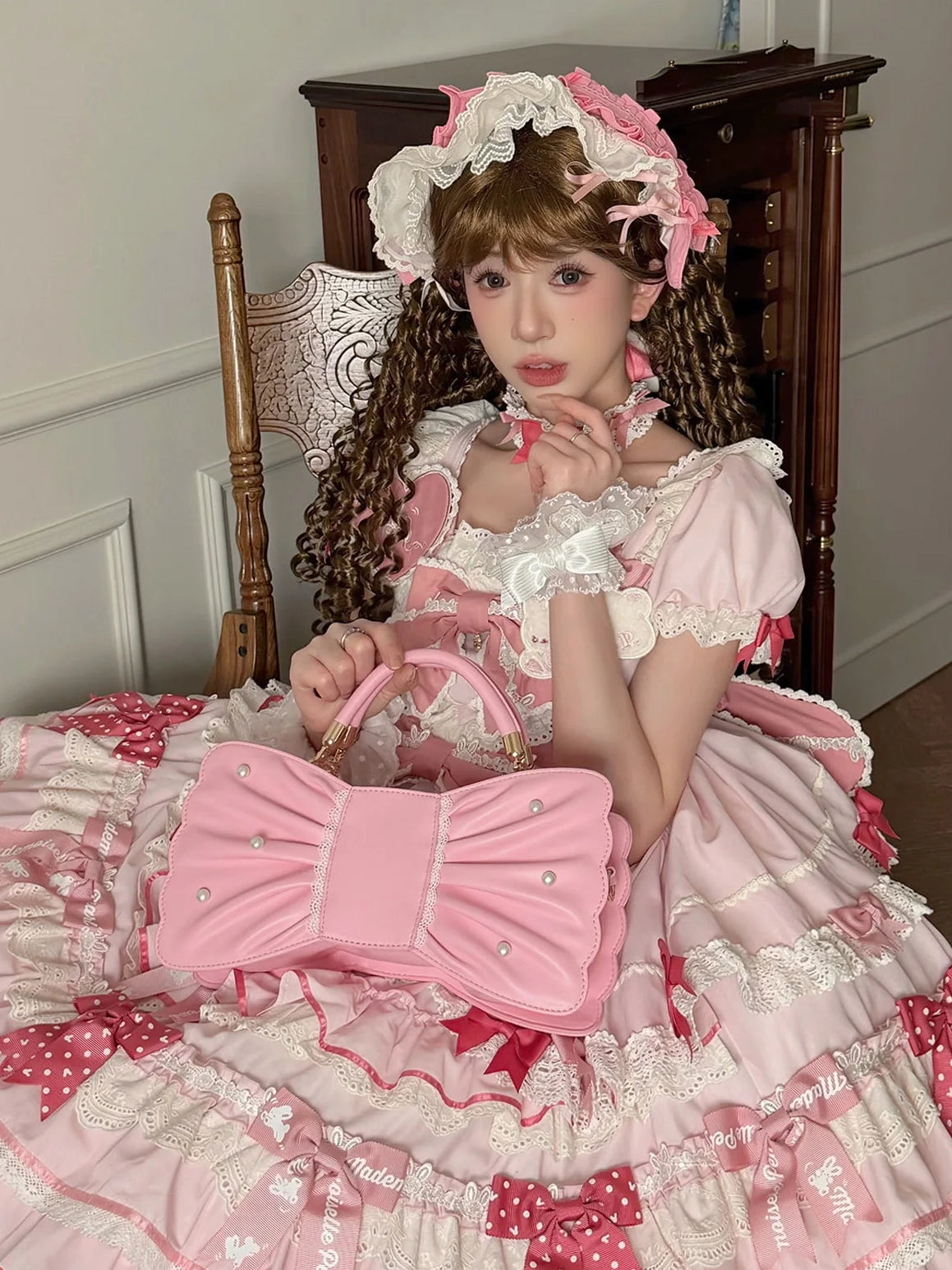 Pearl Bow Lace Trim Lolita Handbag