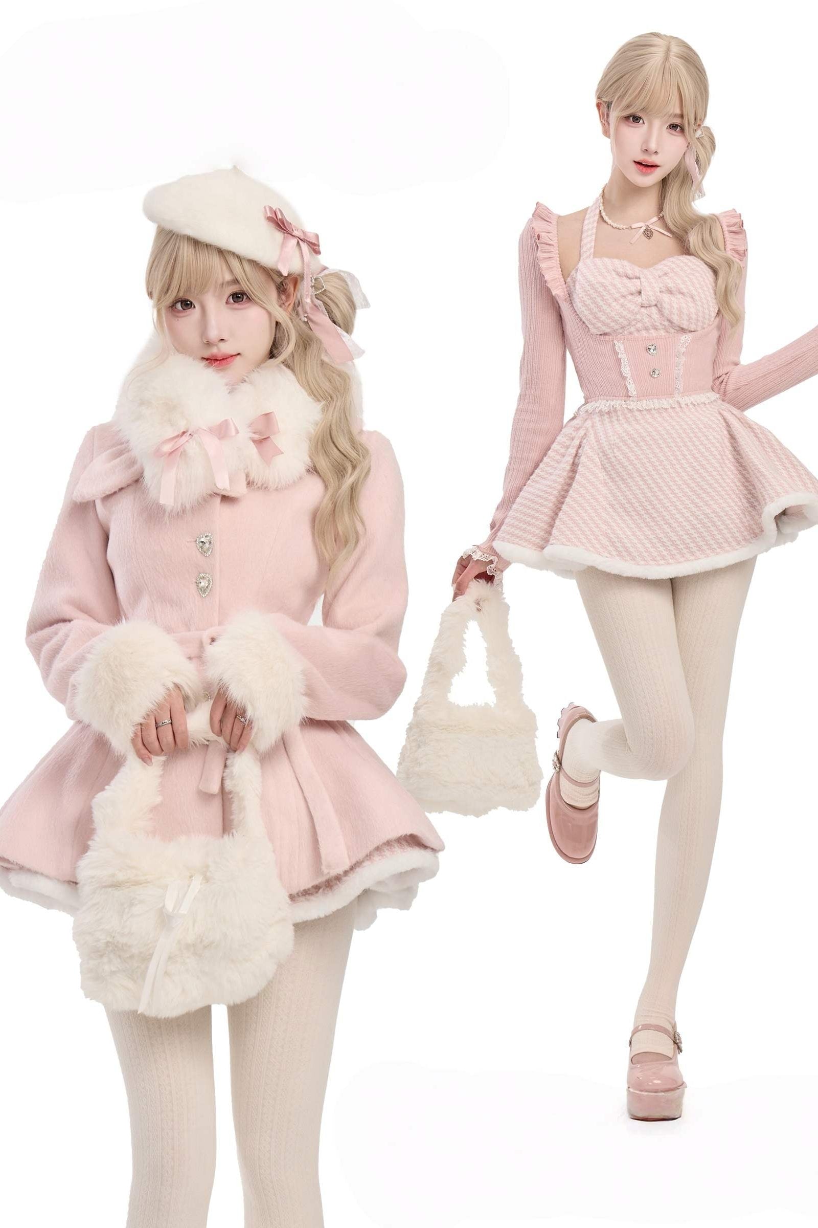 Sweet Lolita Pink Winter Knit & Coat Set