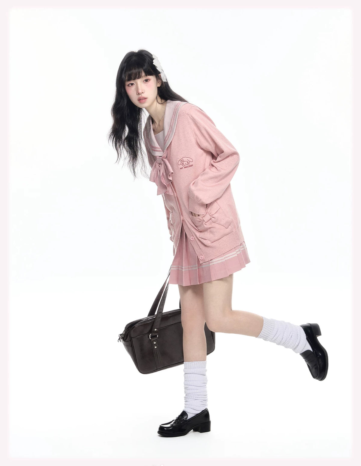 My Melody Pink JK Uniform Knit Cardigan Sailor Top Pleated Skirt Bow Tie Set