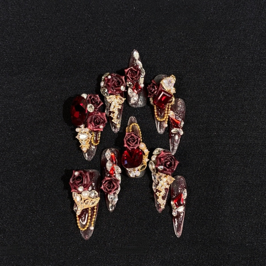 Crimson Gothic Carved Chain Gold Ombre Lolita Nail Art