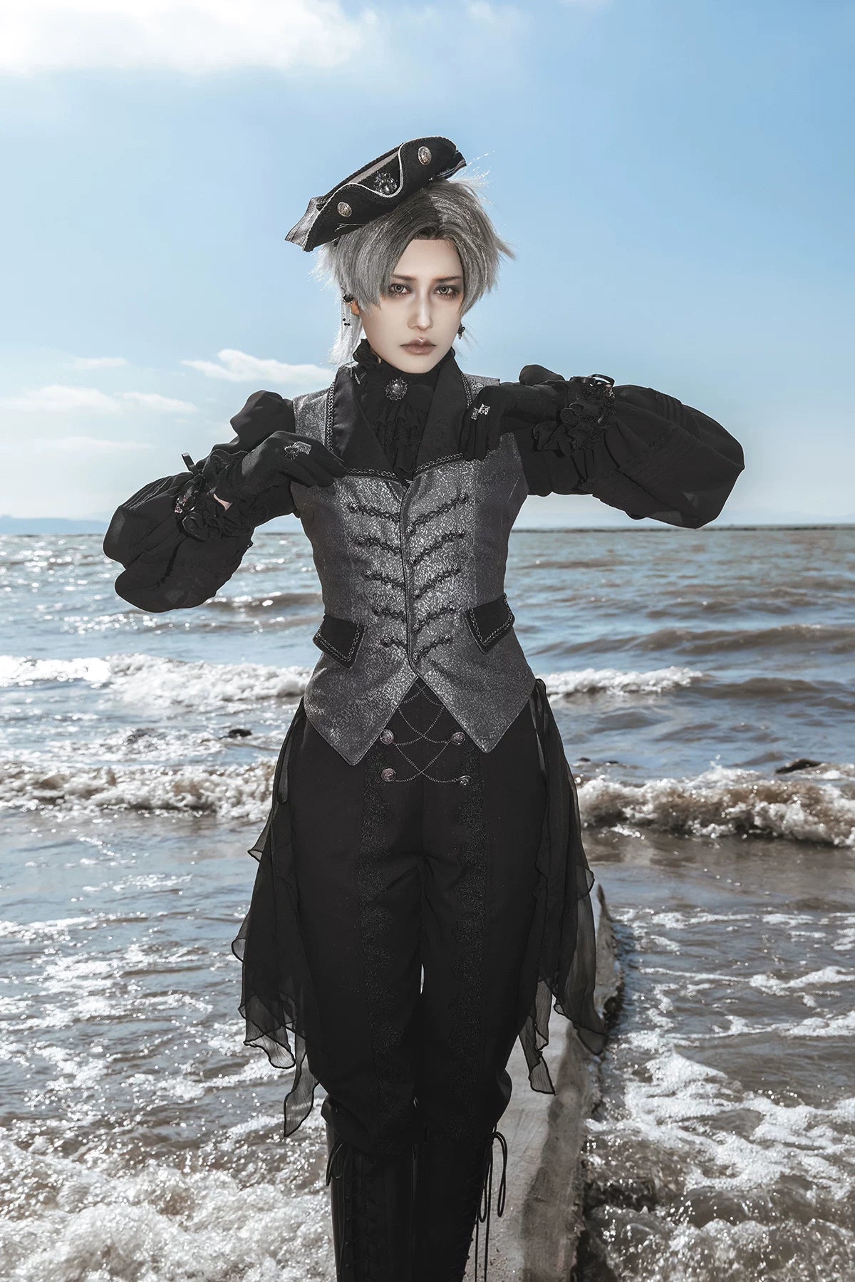 Immortal Misaligned Border Silver Jacquard Gothic Ouji Vest Coat