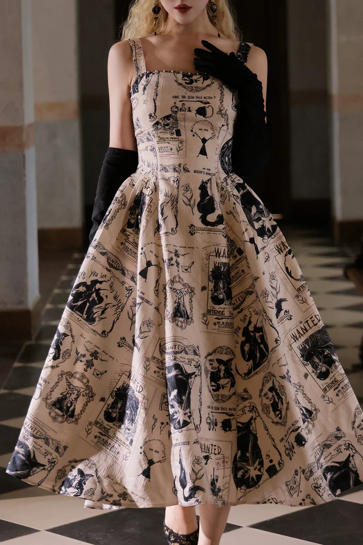 Witch's Bounty Vintage Print Camisole Midi Lolita Dress Classic Elegant