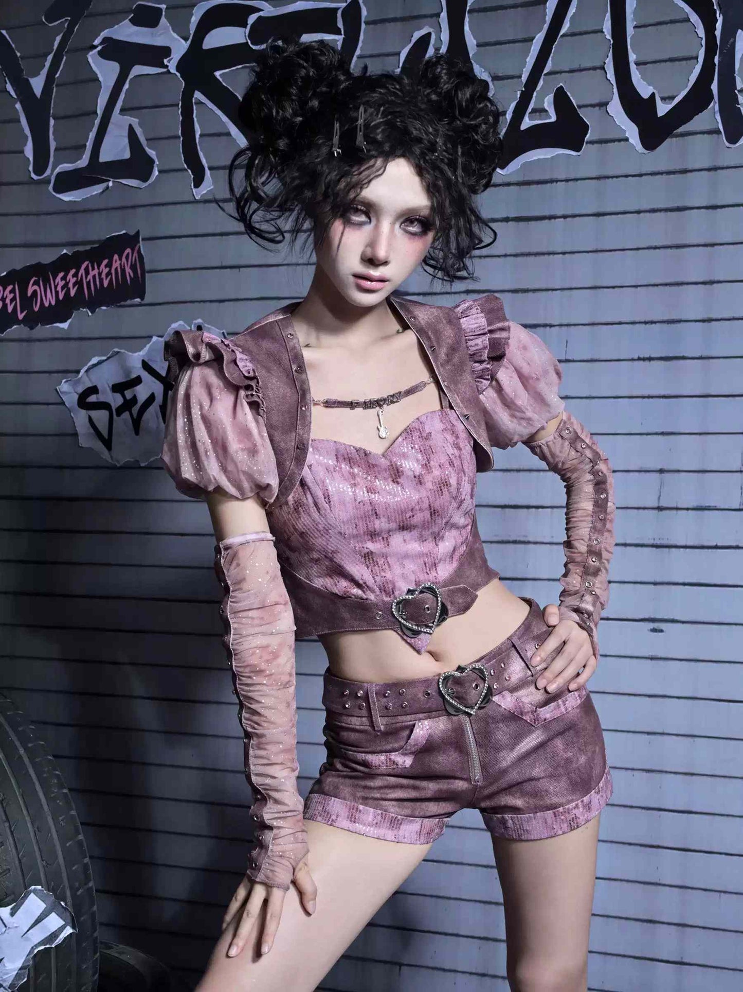 Y2K Edgy Rivet Denim Set with Leg Harness LE1021