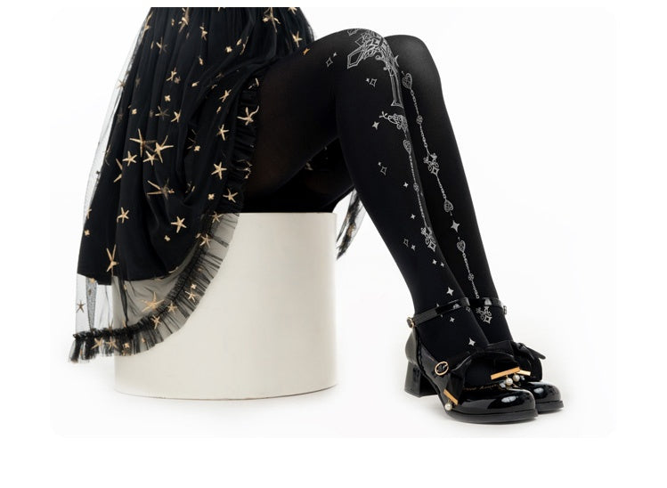 Gothic Thorn Cross Print Tights