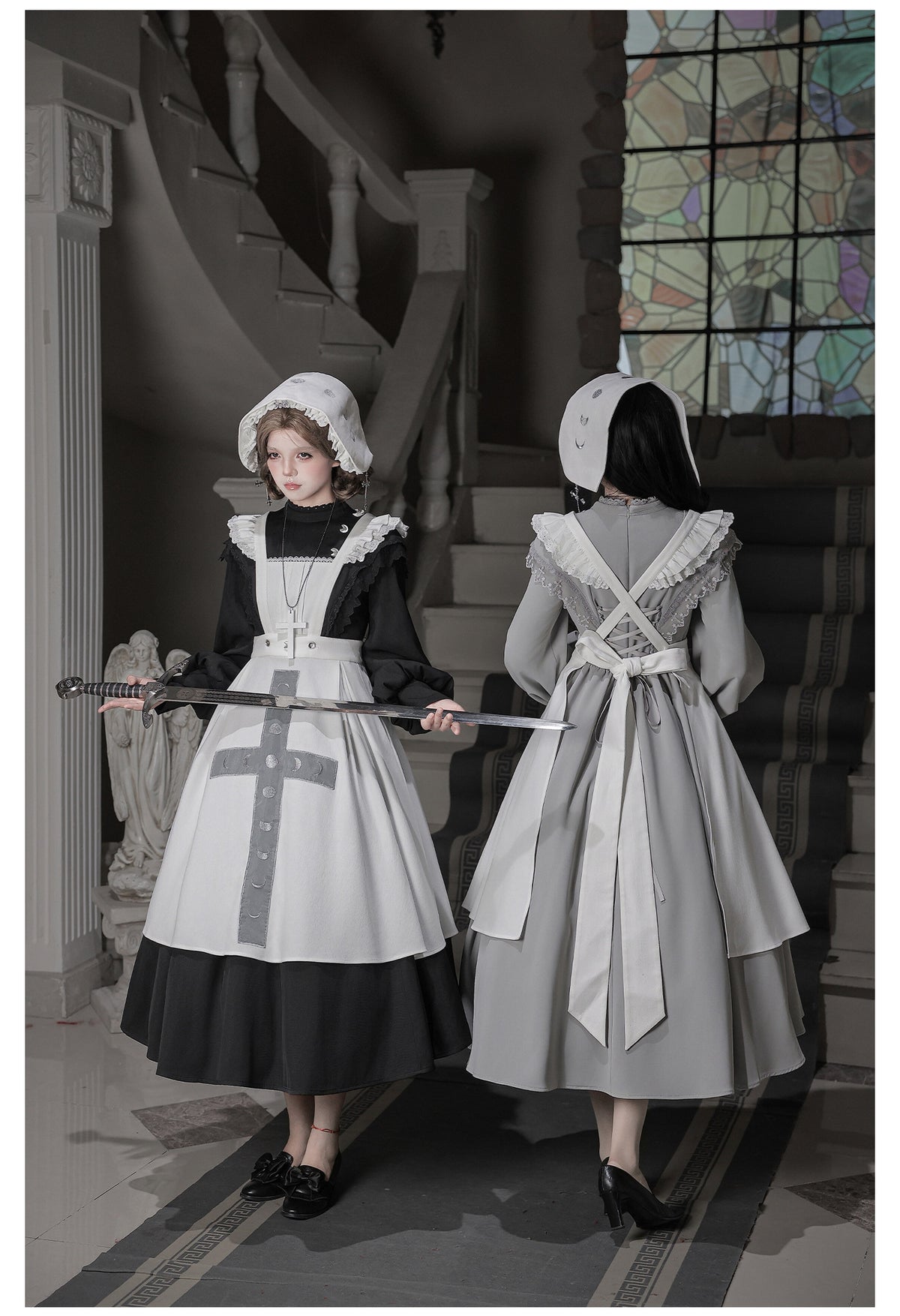 Moon Phase Lolita Gothic Lace High Collar Apron OP Dress