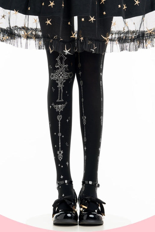 Gothic Thorn Cross Print Tights