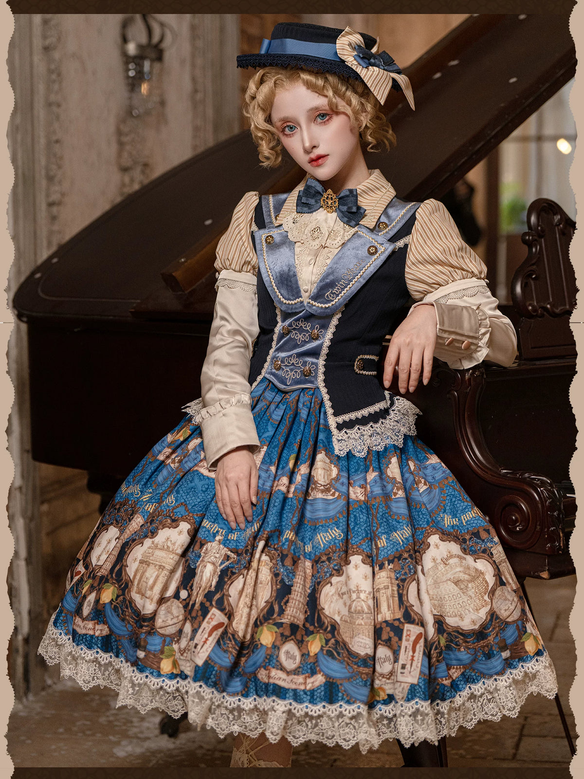 Italian Travelogue Navy British Style Lolita OP Dress and Coat