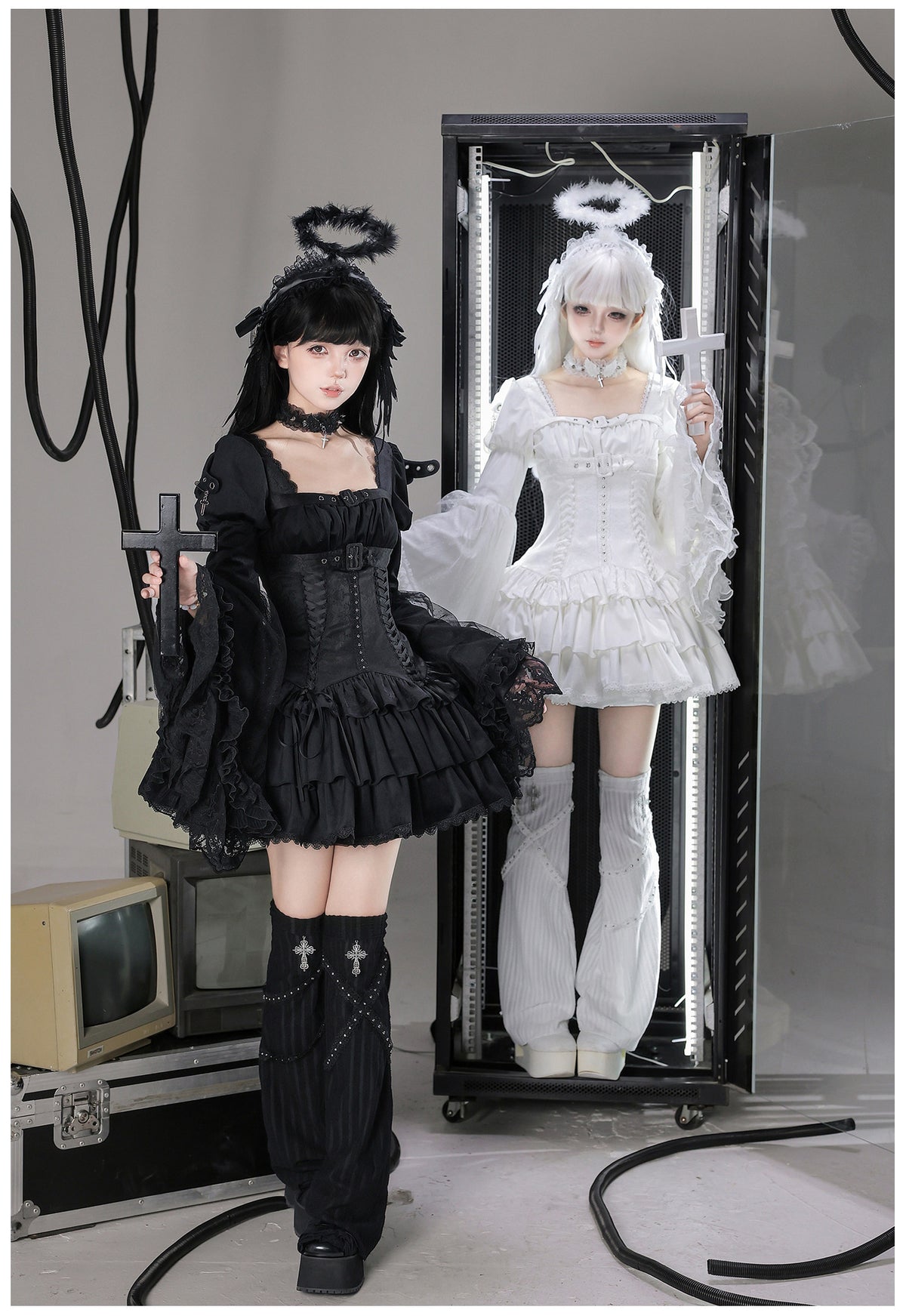 White Night Feather Lolita Sweet Cool Hime Sleeve Mini Dress Set