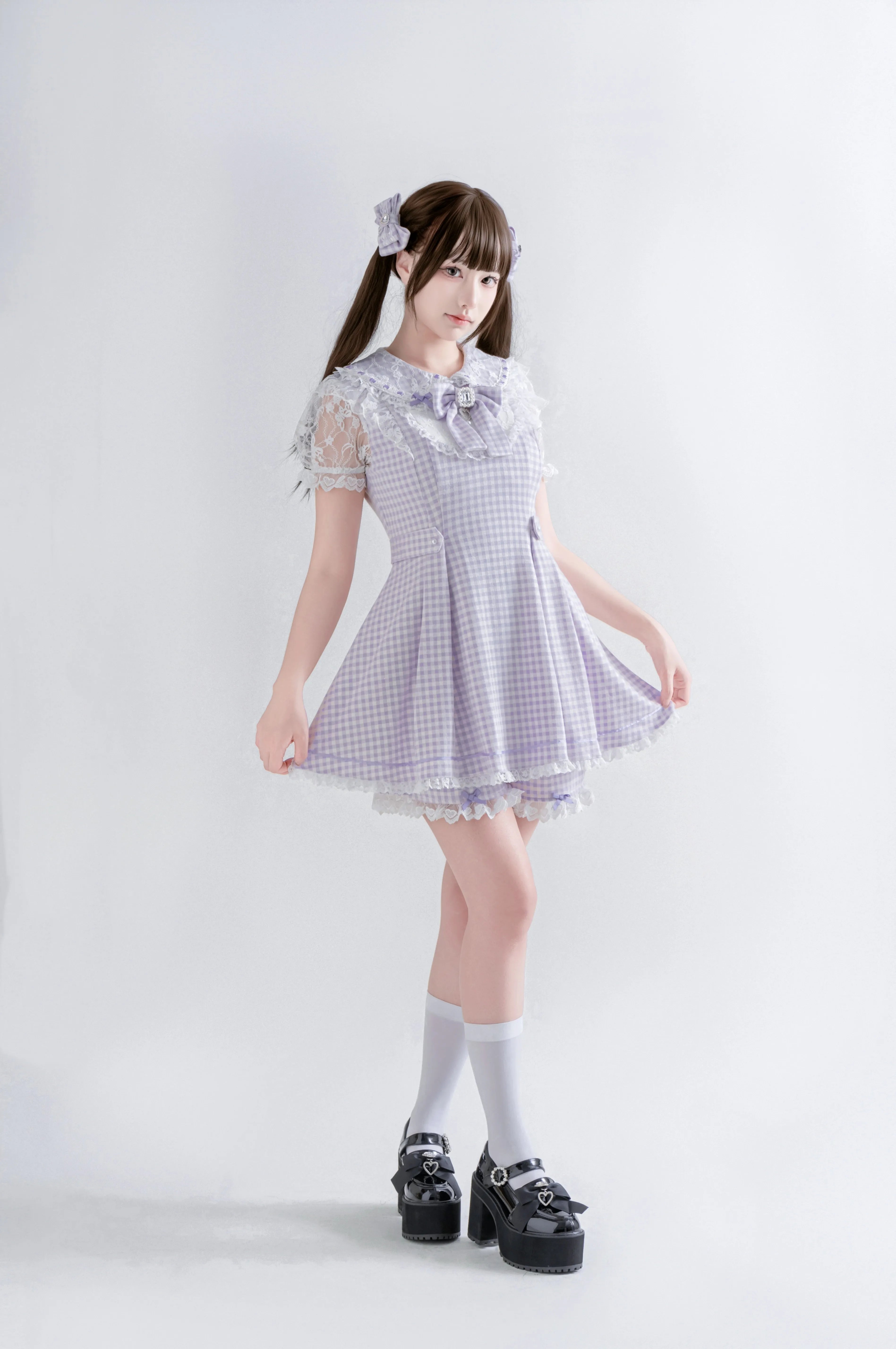 Kisskiss Two-Tone Plaid Lace Sweet Ryōsangata Cute Outfit Set