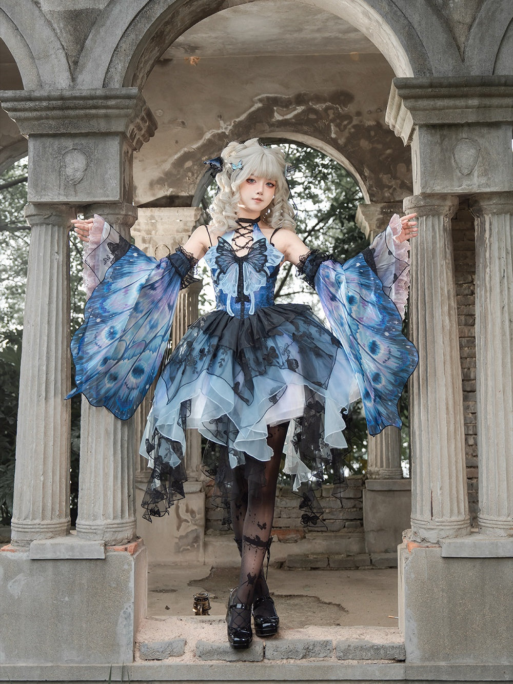 Dead Leaf Butterfly 1.0 Lolita Gothic Blue JSK Dress Set
