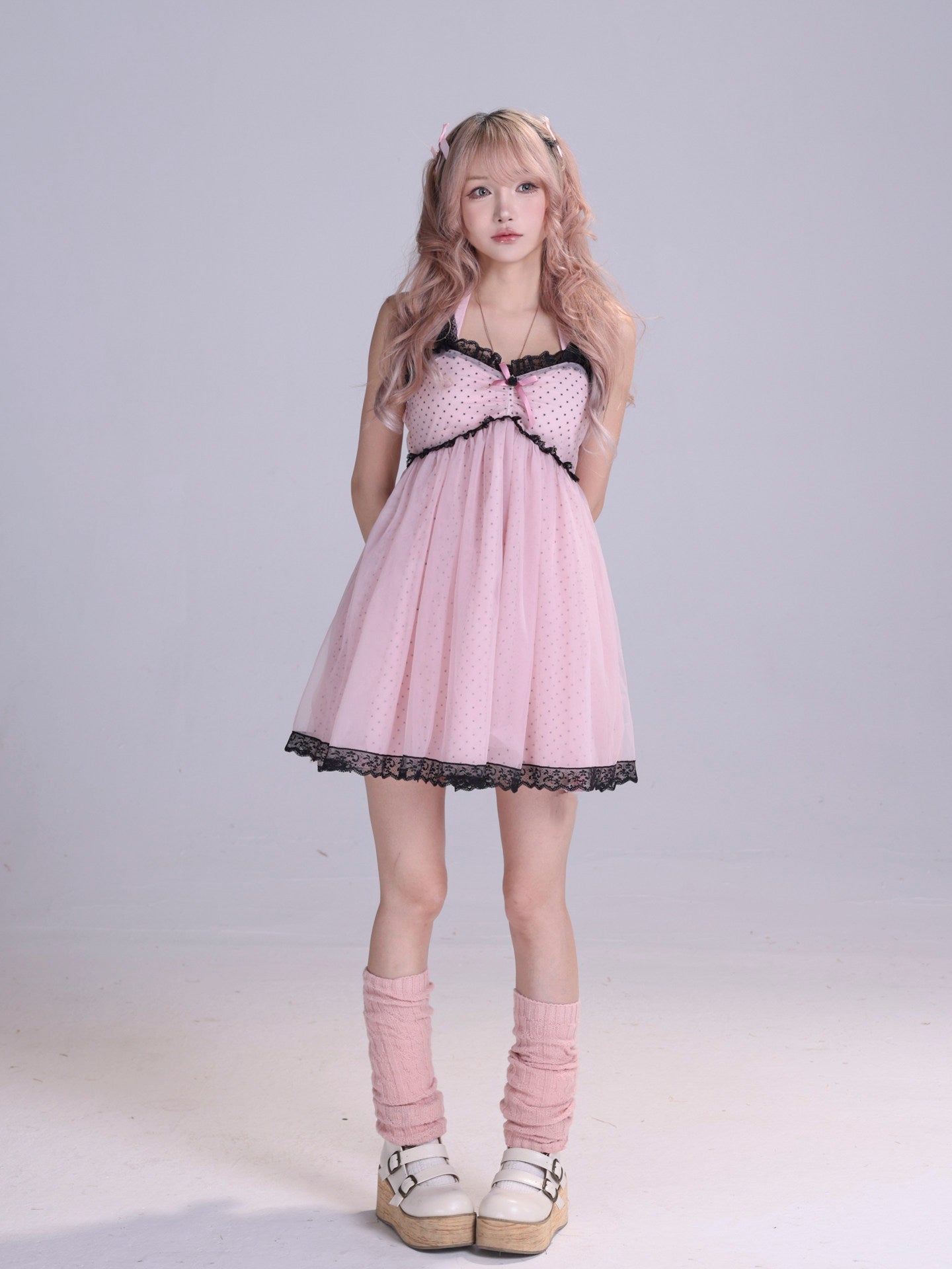 Black Pink Polka Dot Lace Cami Dress
