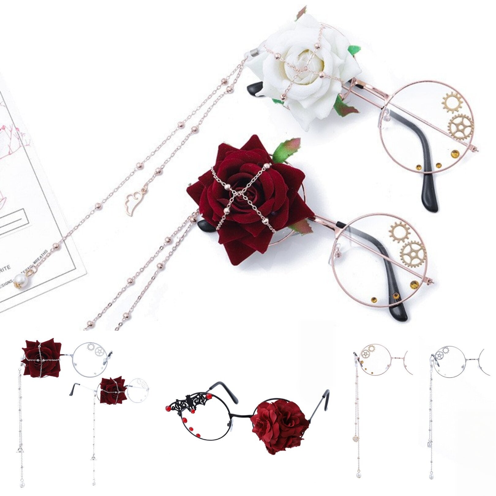 Rose Gear Bat Wing Steampunk Gothic Lolita Monocle Eyeglass Accessory