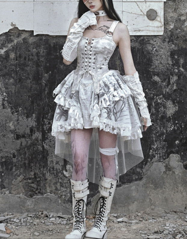 Lolita White Tie-Dye Punk Suspender Dress LG1020