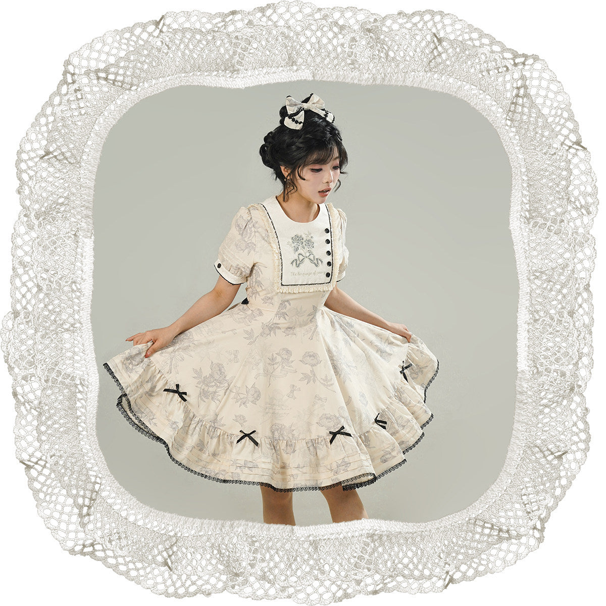 Peony Whisper Lolita Cla Printed Six‑Gore Cut Short OP Dress