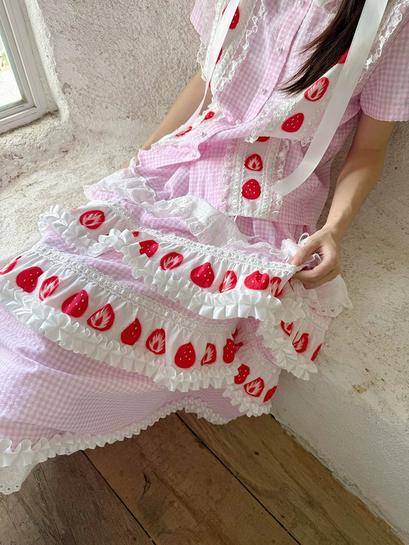 Strawberry Scent Printed Plaid Short Sleeve Blouse