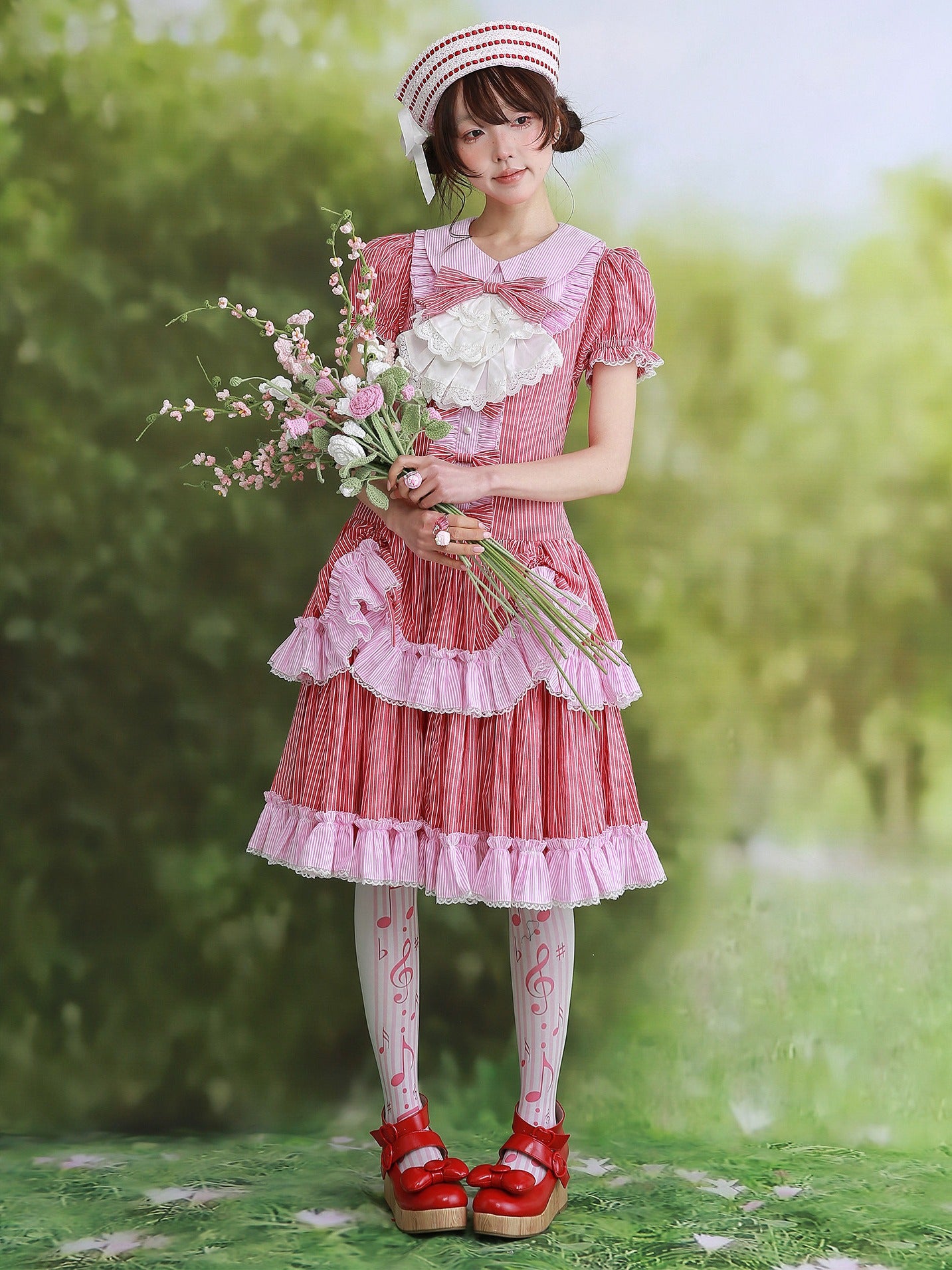 Candy Cottage Showa Retro Pink Striped Dress