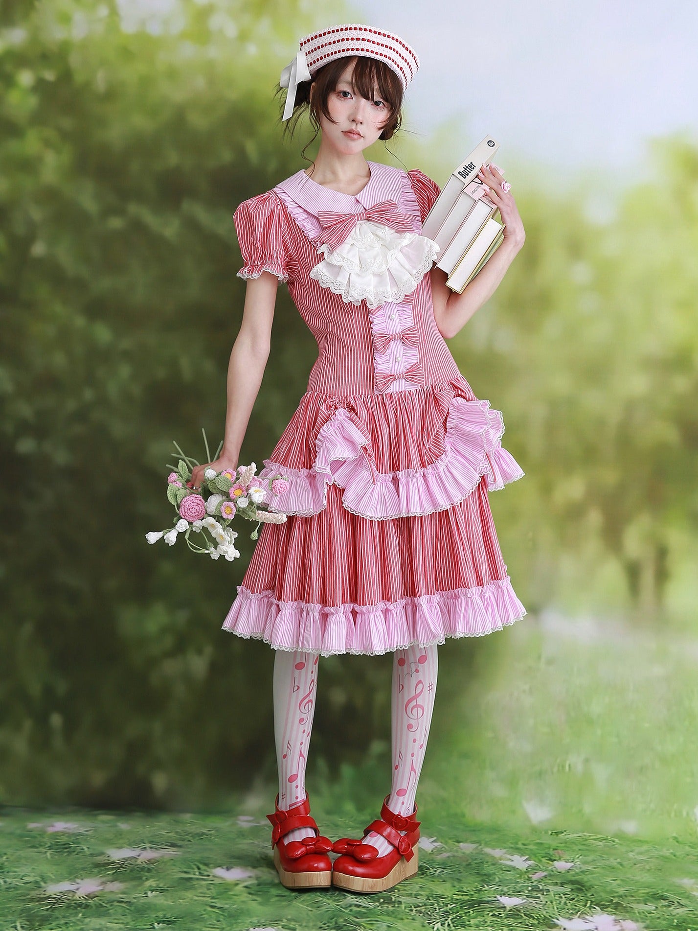 Candy Cottage Showa Retro Pink Striped Dress