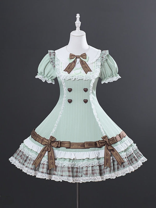 Cocoa Mousse Maiden Lolita Fitted Waist Tiered‑Hem OP Dress