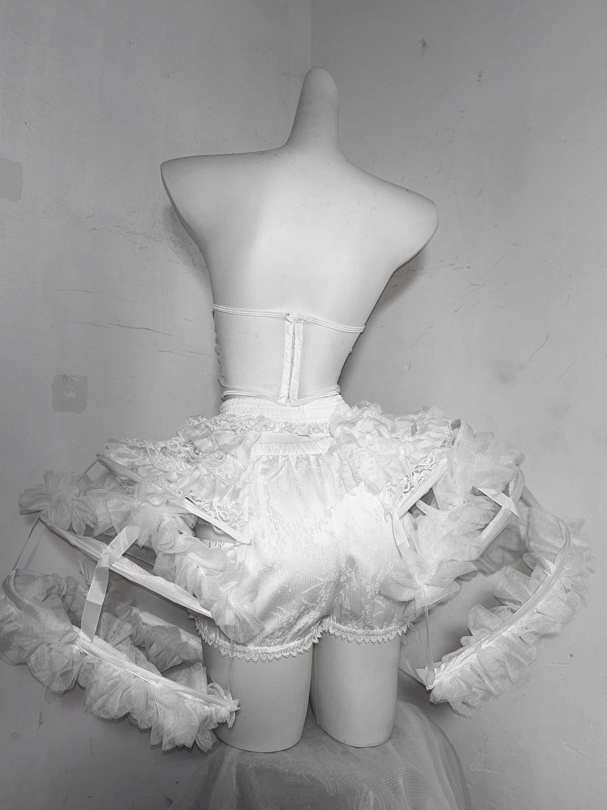 Flower Bud White Rose Gothic Corset & Birdcage Skirt Set