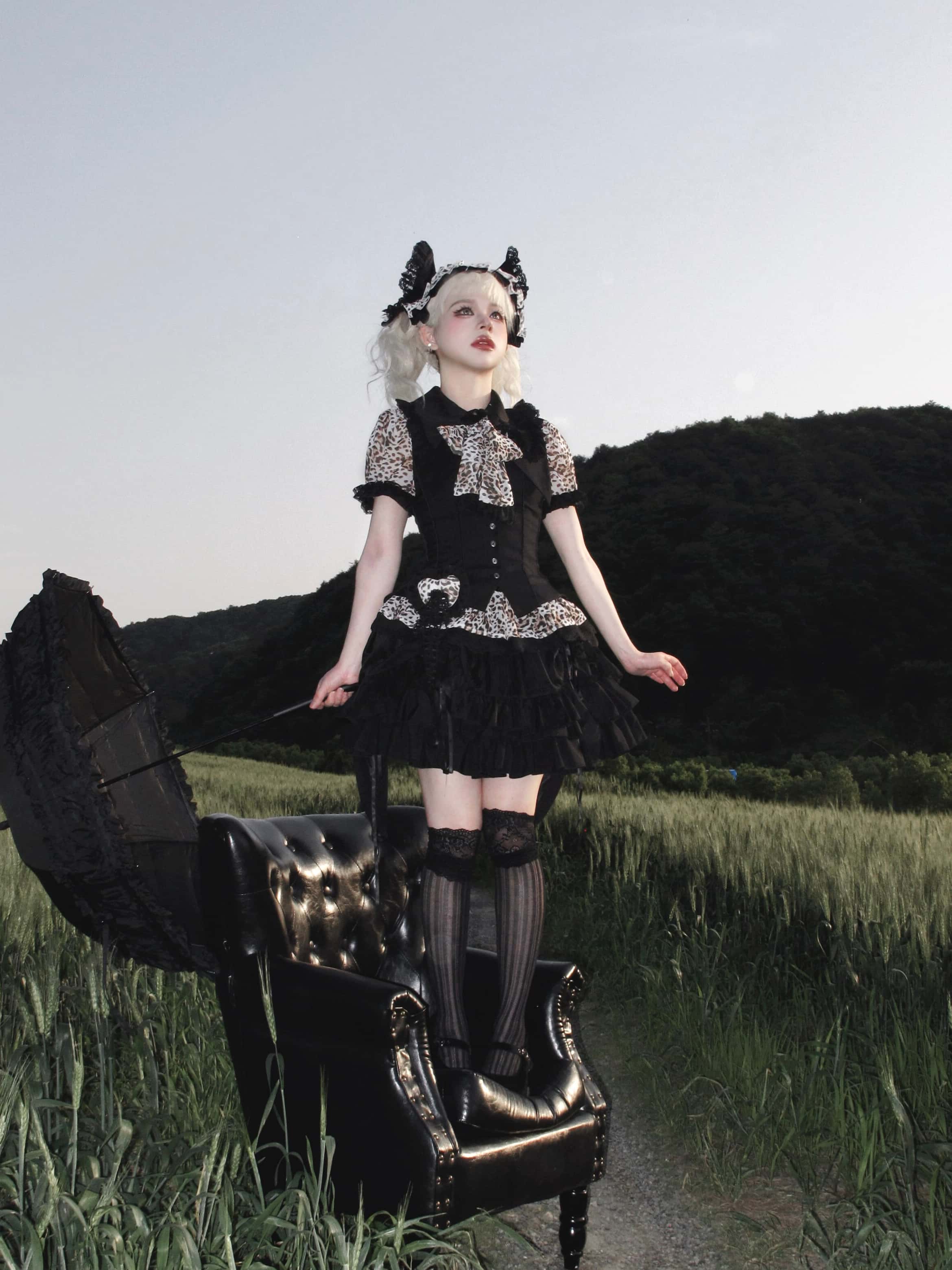 Bengal Cat Gothic Lolita White Blouse & Skirt Set