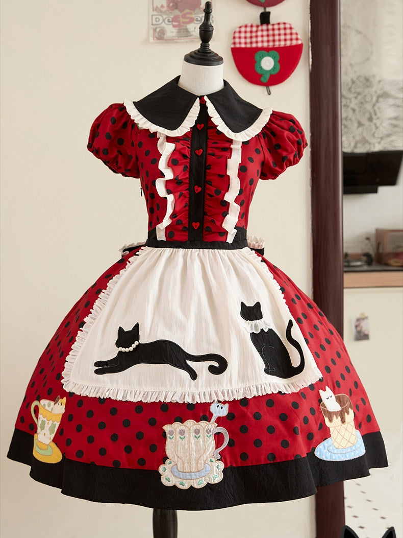 Teacup Cat Vintage Polka Dot Lolita Dress