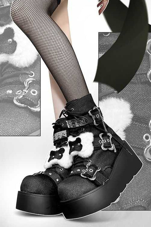 Bone Motif Denim Ankle Boots