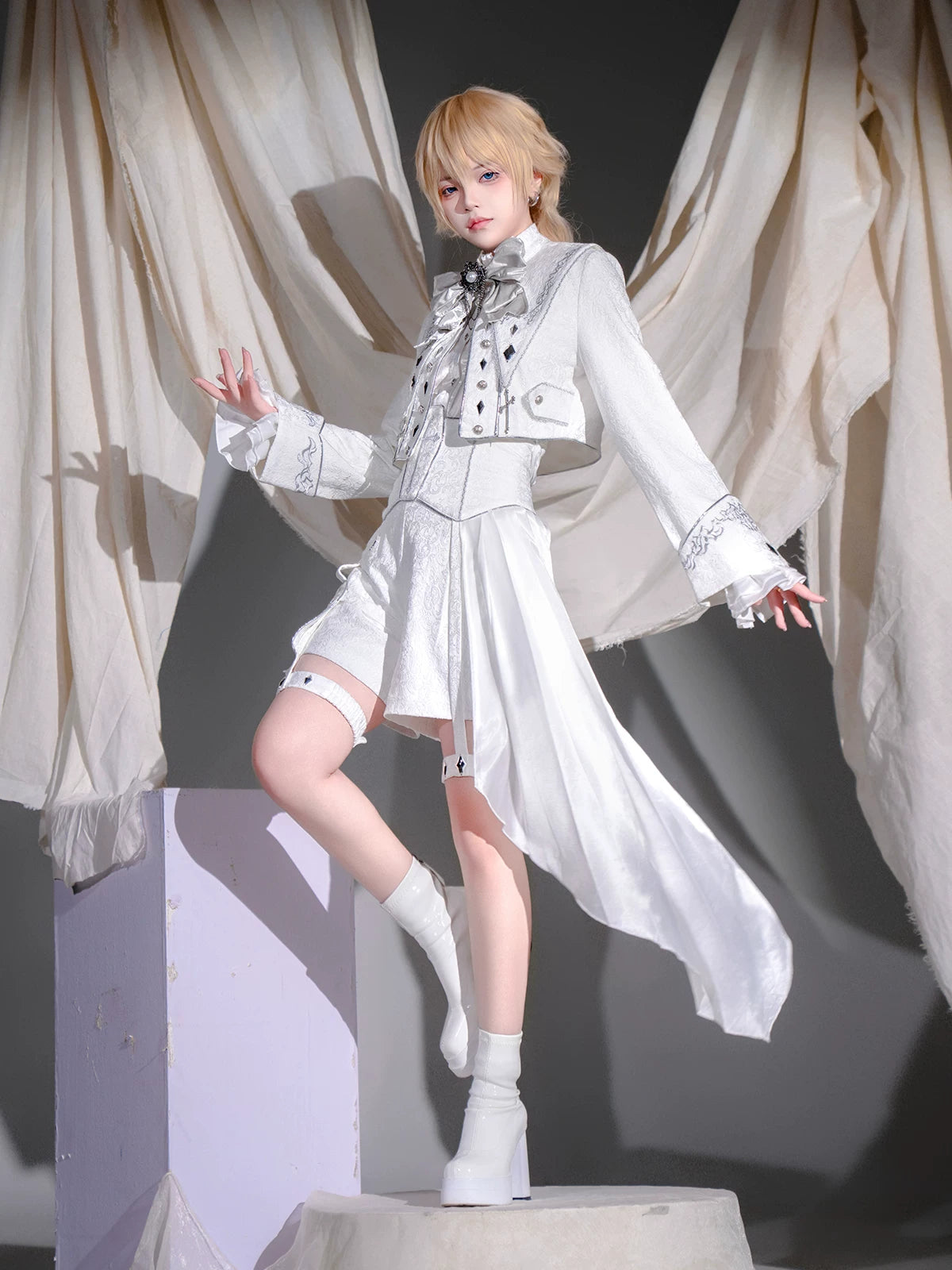 Silver Holy Covenant Palace Prince Military‑Style Lolita Jacket & Shorts Set