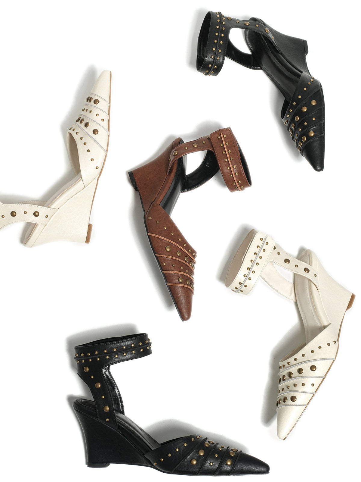 Tribal‑Style Spike‑Stud Pointed‑Toe Wedge‑Heel Pumps
