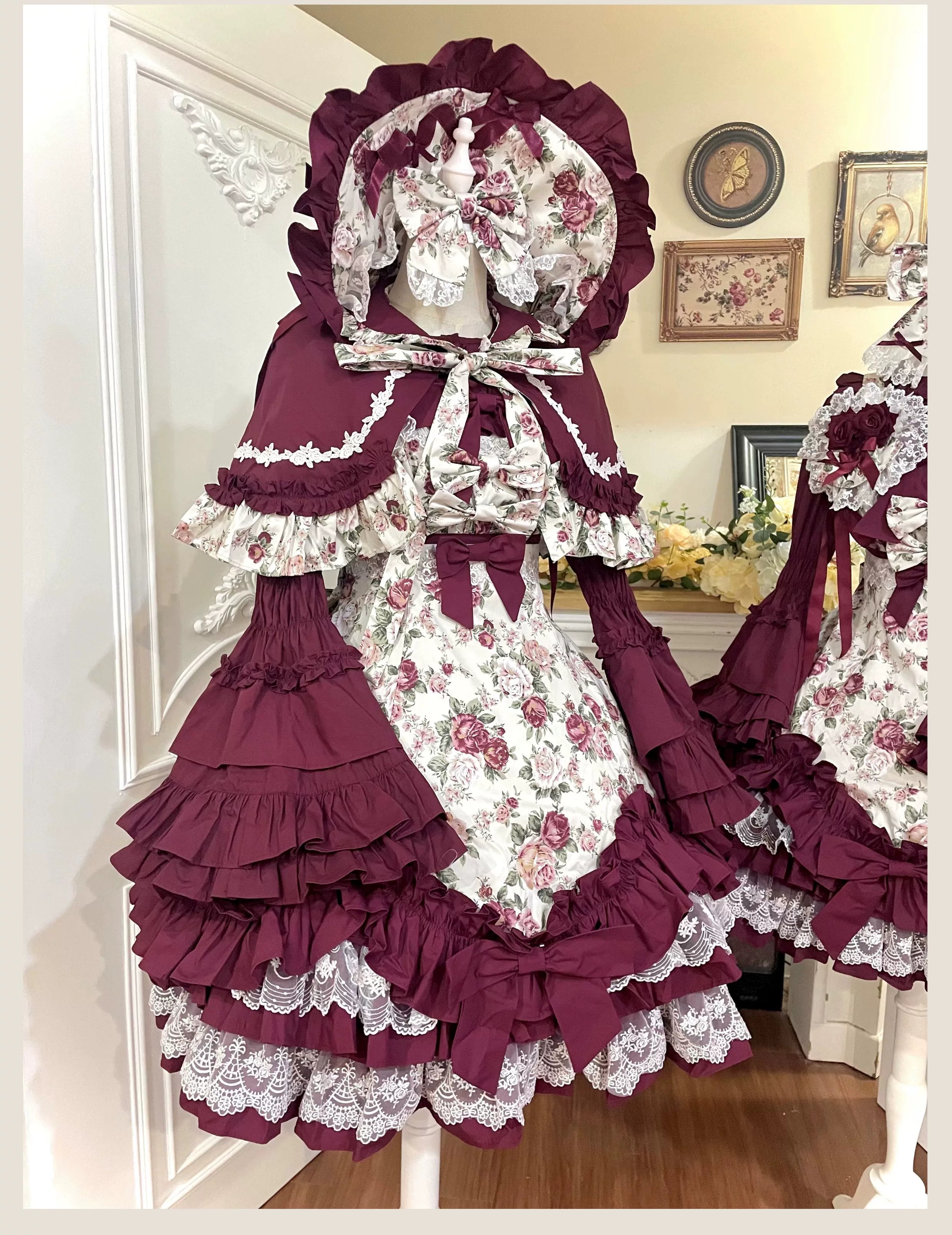 Burgundy Rose Classic Lolita JSK Vintage Japanese Rose Print