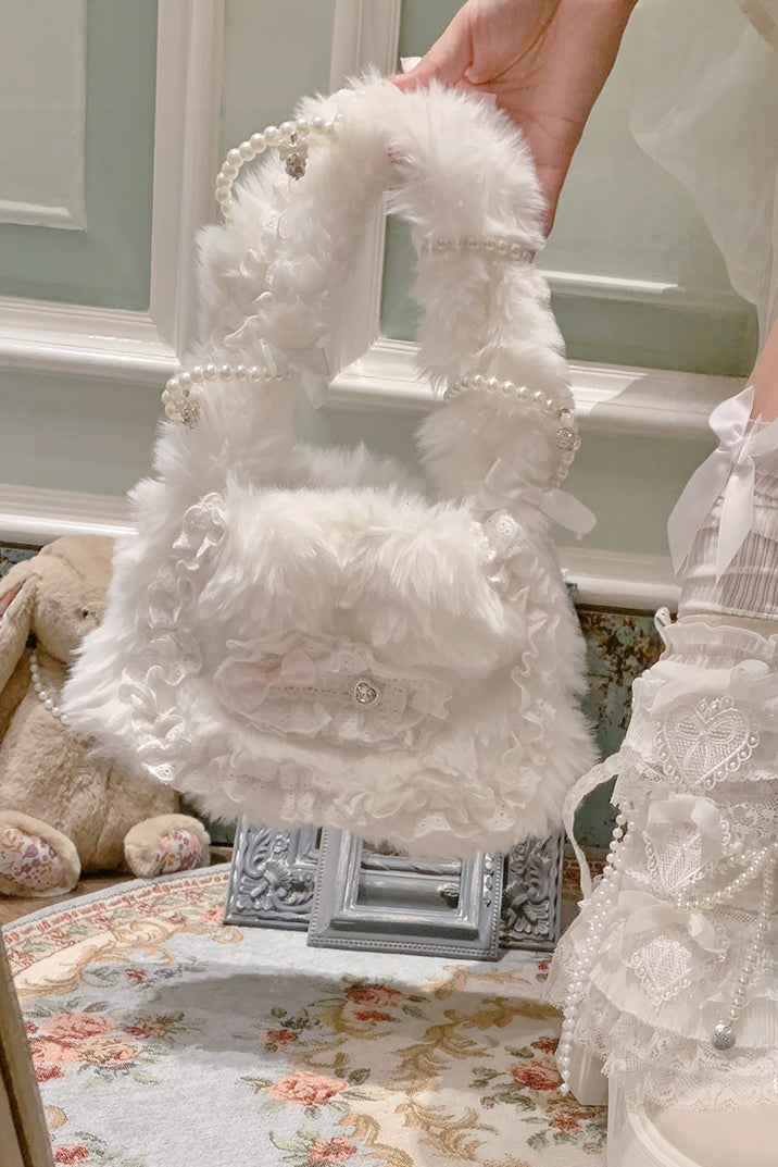 Pearl Lace Bow Fluffy Plush Bag