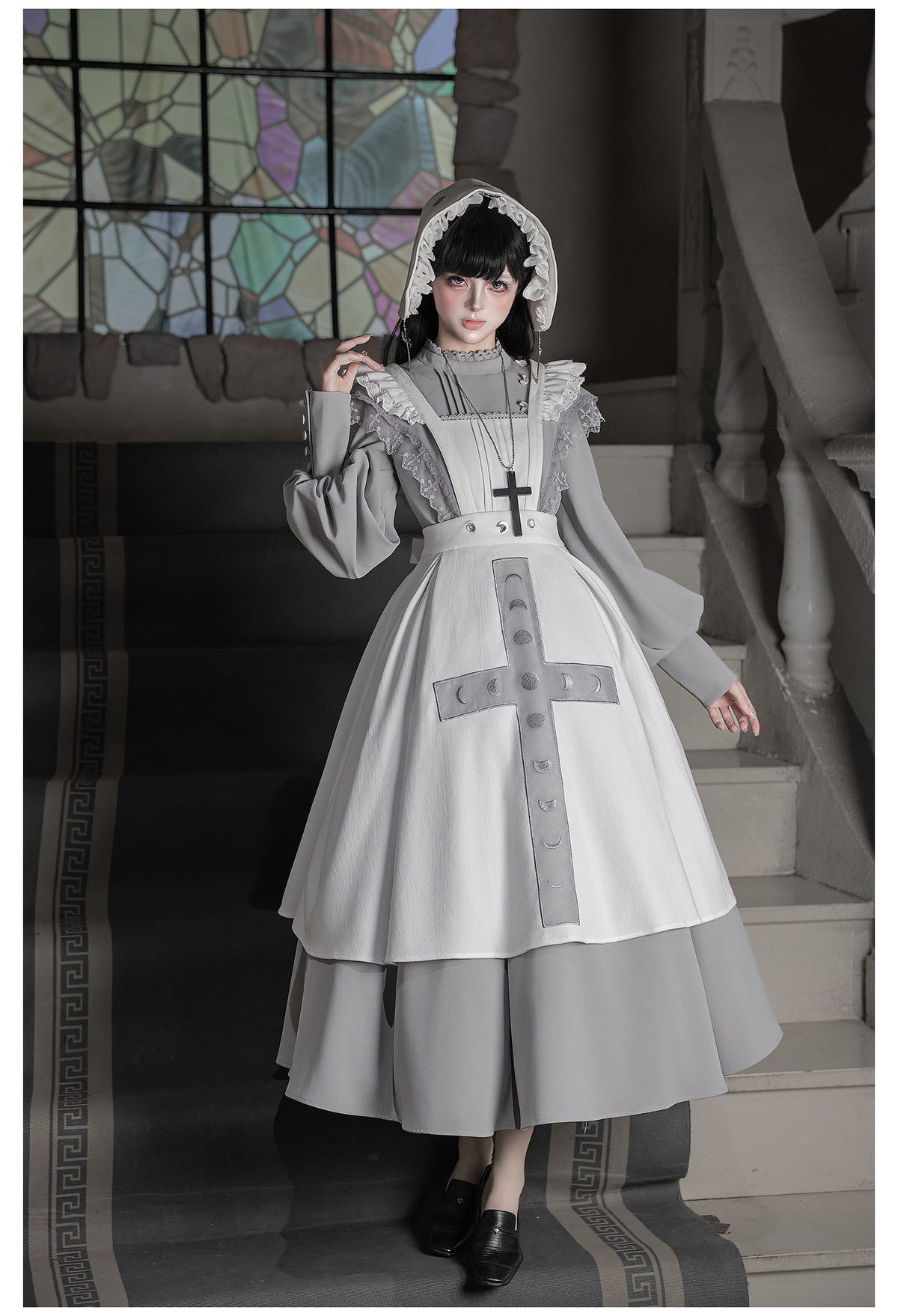 Moon Phase Lolita Gothic Lace High Collar Apron OP Dress