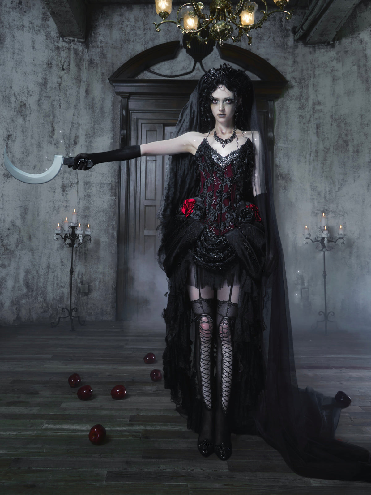 Sale at 20:00, Oct 20th. Emerald Night Gothic Halloween Pomegranate Red Boned Corset & Train Skirt Set