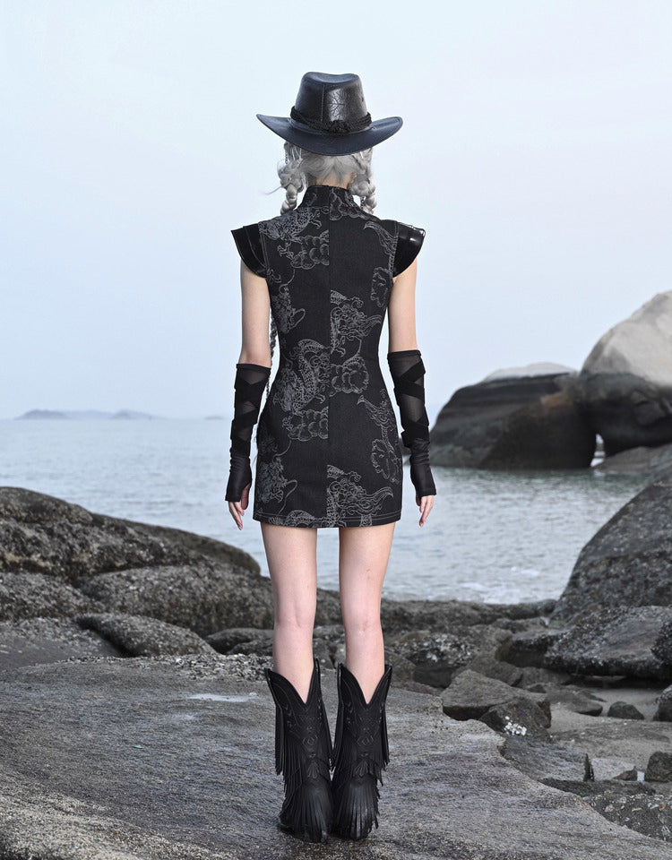 Lolita Punk Dragon Print Denim Dress LG1025