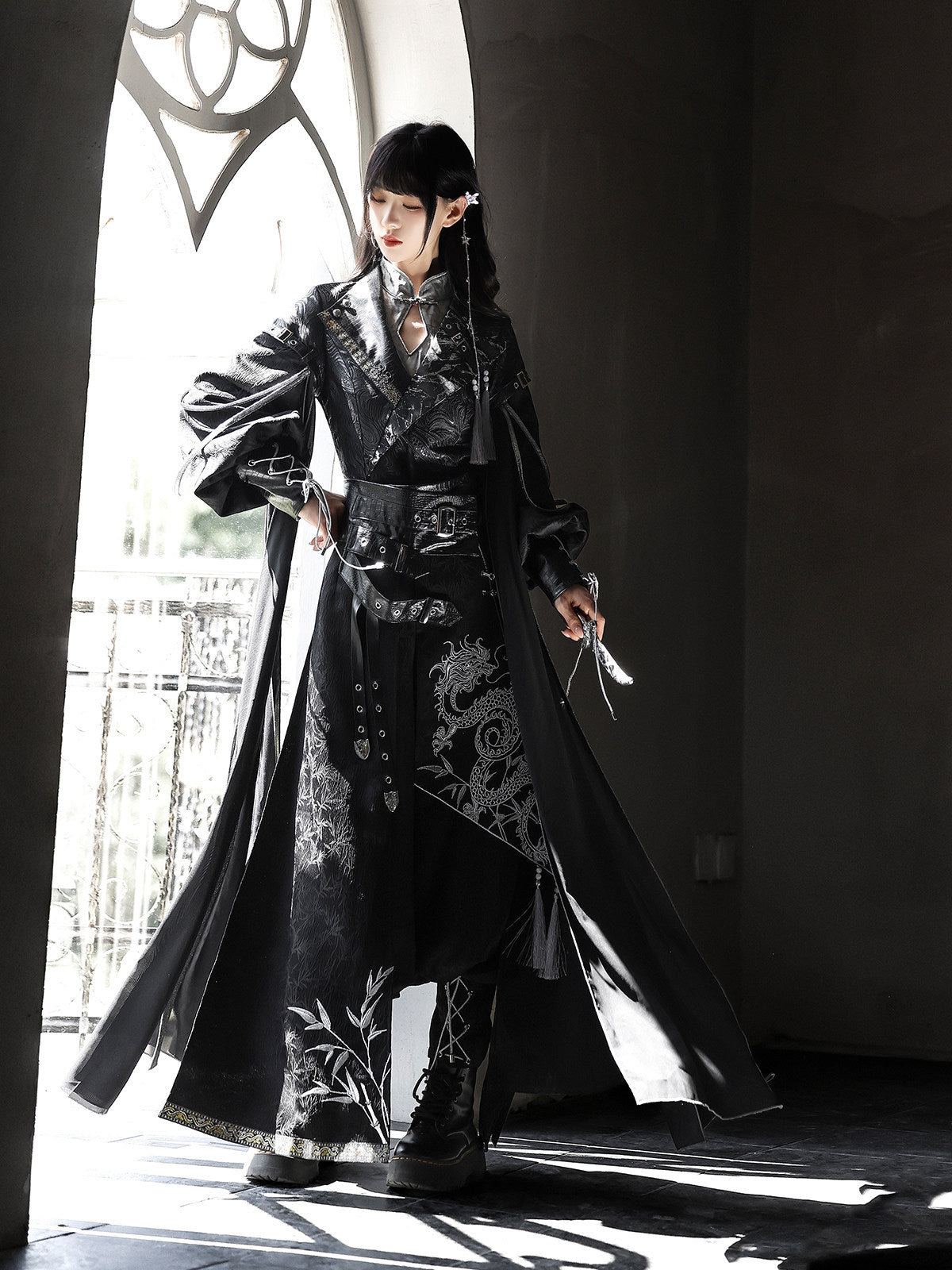 Shadow Dragon Black Silver Dragon Embroidery Oriental Hanfu Modern Set