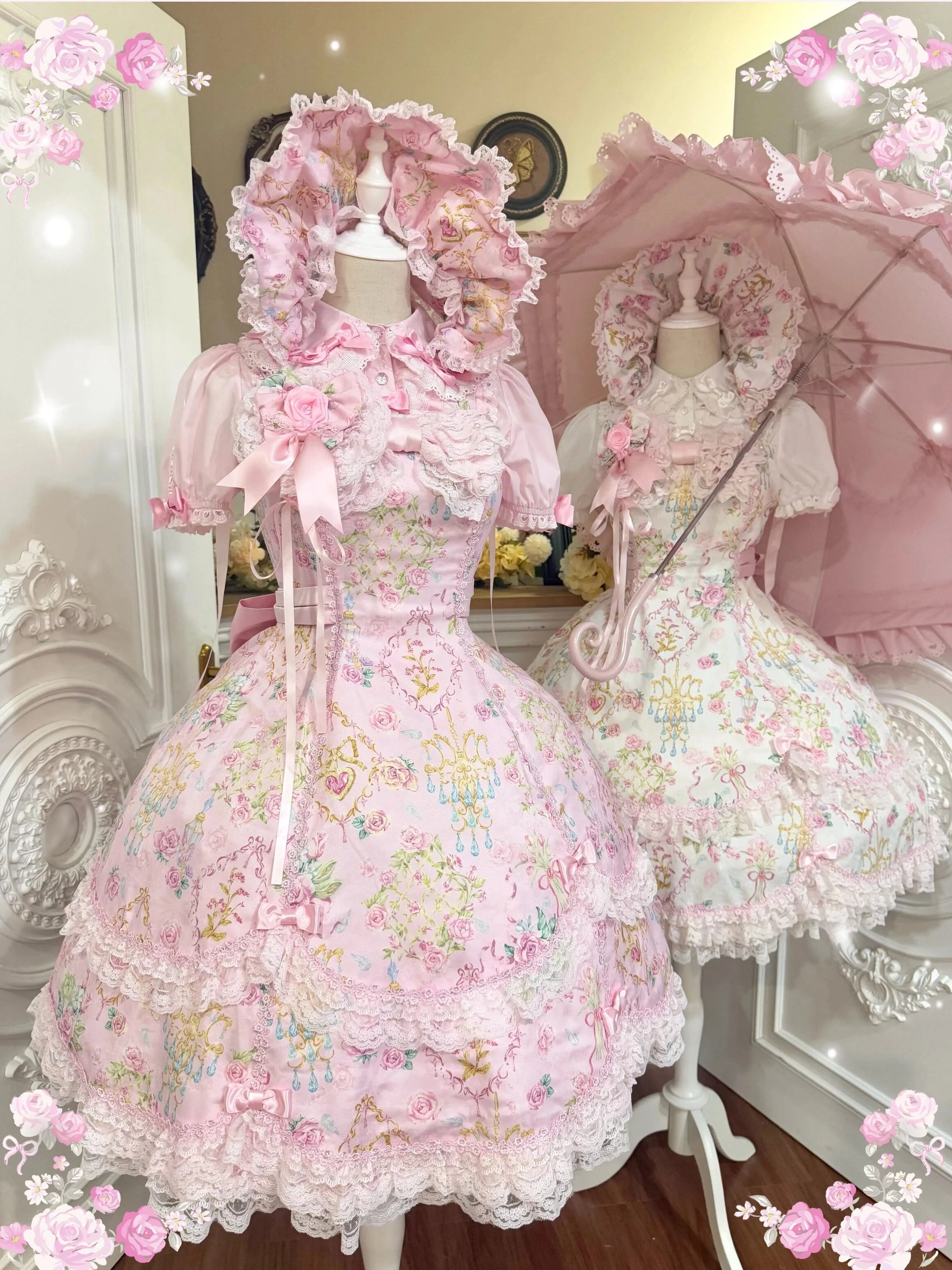 Spring 2025 Vintage Flower Wall Chandelier Rose Print Sweet Lolita JSK Dress