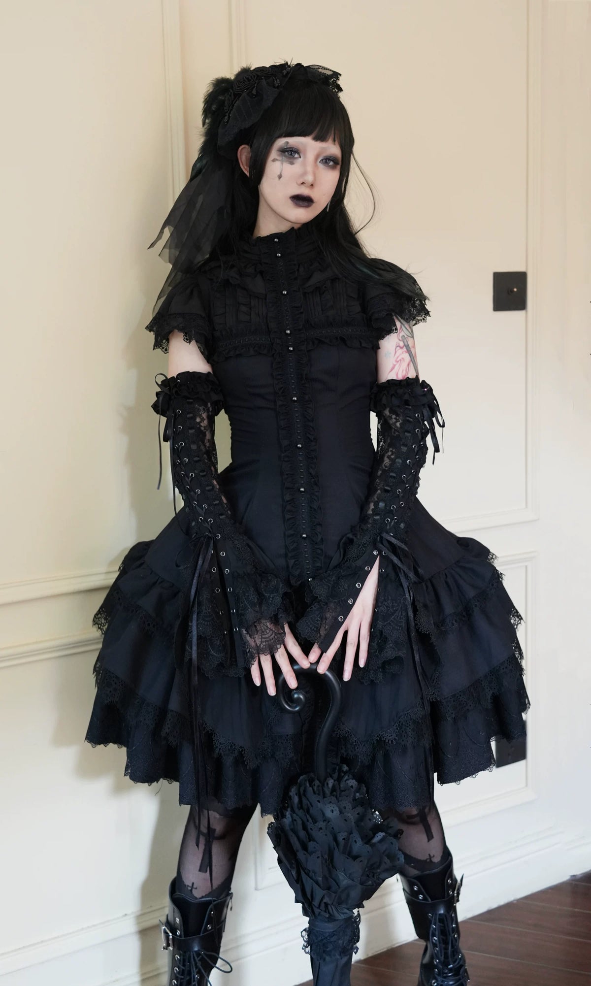 Leanna Black Gothic Lolita Cross Lace OP Dress in Two Lengths